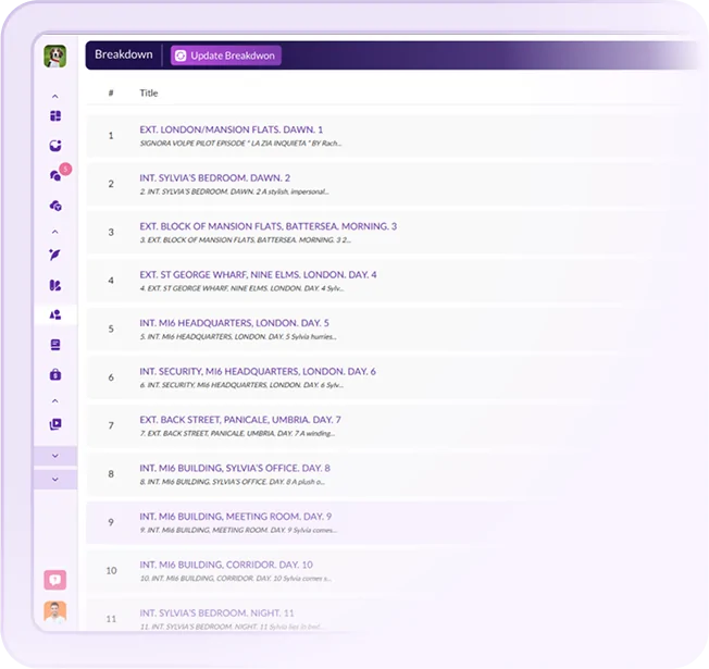 Pzaz film production dashboard showing a detailed script breakdown with scene titles, locations, and shoot sequences.