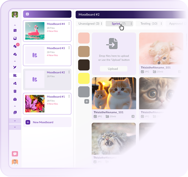 Pzaz.io moodboard dashboard displaying visual references, color palettes, and uploaded media for film production design and style planning.