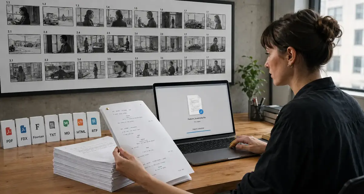 Screenwriter importing a Final Draft screenplay into Pzaz, with storyboard panels and supported file format cards (PDF, FDX, Fountain, TXT, MD, HTML, RTF) on the desk.
