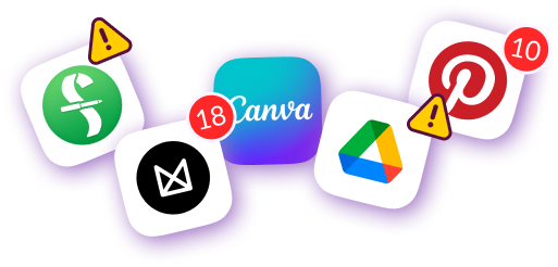 Icons of design and creative tools like Canva, Pinterest, and Celtx with alert symbols, representing the struggle of managing multiple visual apps before using Pzaz.io.