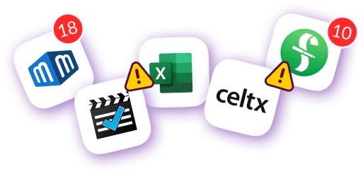 Icons of film production, budgeting, and spreadsheet apps with warning signs showing disconnected tools.
