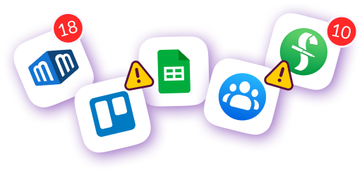 Icons of project management, budgeting, and spreadsheet apps with alert symbols, showing how film teams struggle with using too many disconnected tools before switching to Pzaz.io.