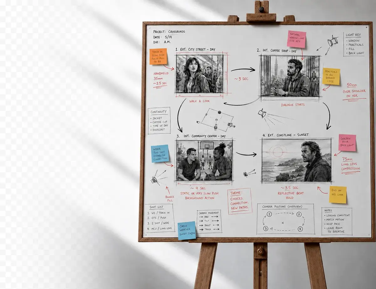 A detailed storyboard breakdown on a wooden easel — hand-drawn scene panels, shot list, camera moves, and lighting notes for a film production, illustrating how Pzaz AI storyboarding software turns scattered images into one shared, production-ready vision