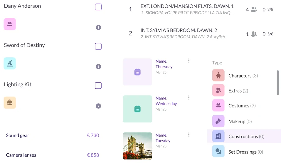 Pzaz film production interface showing asset management for props, costumes, and equipment alongside scene breakdowns.